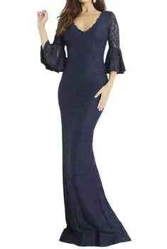 Платье с кружевом и рукавами-колокольчиками, расшитое бисером, темно-синего/телесного цвета JOVANI