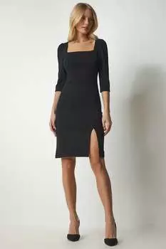 Платье с квадратным вырезом и разрезом Happiness Istanbul, черный