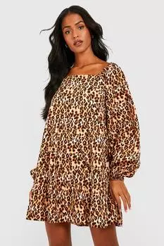 Платье с леопардовым платьем с квадратным вырезом Boohoo, коричневый