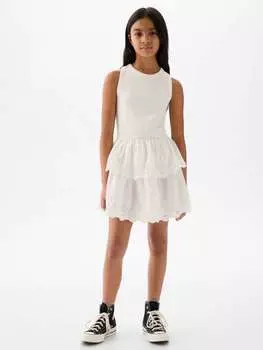 Платье с многоярусной юбкой из английской вышивки Gap, цвет optical white
