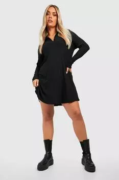 Платье с мягким воротником в ребку Boohoo, черный