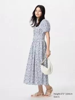 Платье с объемным рукавом (короткий рукав, принт) Uniqlo, белый