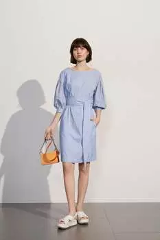 Платье с объемными рукавами сине-серое мульти Lily Apparel, серый