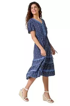 Платье с оборками и геометрическим цветочным принтом Roman, синий