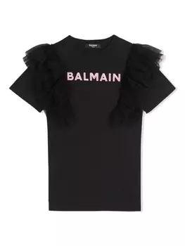 Платье с оборками и логотипом Balmain Kids, черный