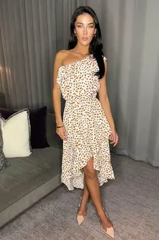 Платье с оборкой на одно плечо и глубоким подолом с принтом Ax Paris, бежевый