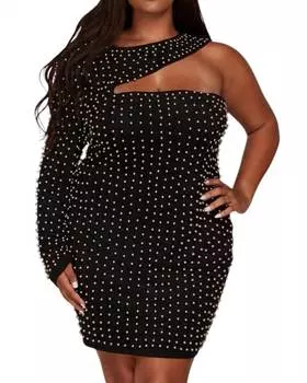 Платье с одним рукавом и жемчугом черного цвета L'ATISTE