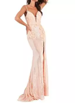 Платье с открытой спиной и цветочными аппликациями цвета розового золота JOVANI