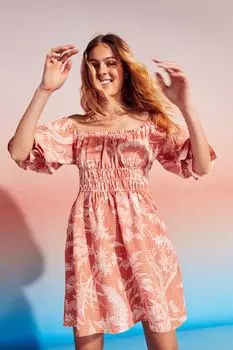 Платье с открытыми плечами H&amp;M, абрикос/узор