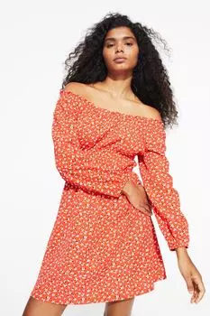 Платье с открытыми плечами H&M, оранжевый/маленькие цветы