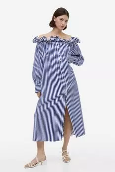 Платье с открытыми плечами H&M, синий/полосатый