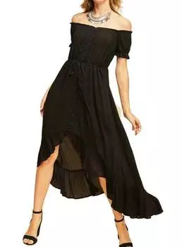 Платье с открытыми плечами и асимметричным вырезом черного цвета entro