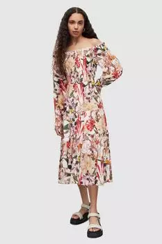 Платье с открытыми плечами и цветочным узором Allsaints, мультиколор