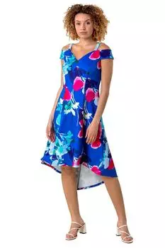 Платье с открытыми плечами и цветочным принтом Roman, синий