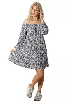 Платье с открытыми плечами и цветочным принтом Dusk, синий