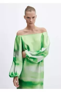 Платье с открытыми плечами и градиентом Mango, зеленый
