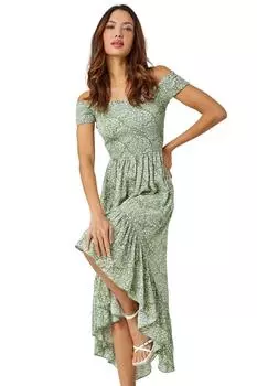 Платье с открытыми плечами и принтом листьев Roman, зеленый