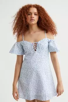 Платье с открытыми плечами и шнуровкой H&amp;M, голубой/маленькие цветы