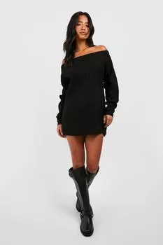 Платье с открытыми плечами миниатюрной вафельной вязки boohoo, черный