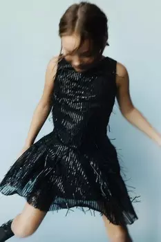 Платье с пайетками и бахромой ZARA, черный