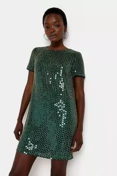 Платье с пайетками и короткими рукавами River Island, зеленый