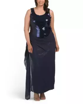 Платье с пайетками и накладная юбка с запахом Rene By Rene Ruiz, синий