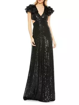Платье с пайетками и оборками на рукавах Mac Duggal, черный