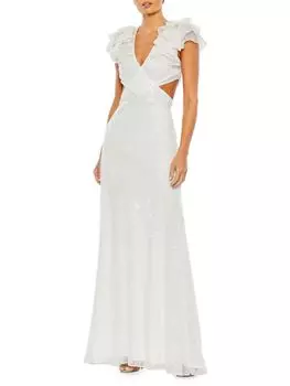 Платье с пайетками и оборками на рукавах Mac Duggal, белый