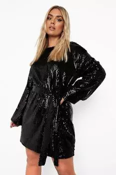 Платье с пайетками и поясом, платье с рукавами Boohoo, черный
