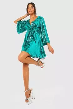 Платье с пайетками и широким рукавом на запахе Boohoo, зеленый