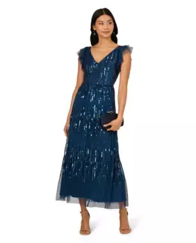 Платье с пайетками и тюлевыми рукавами Adrianna Papell, синий