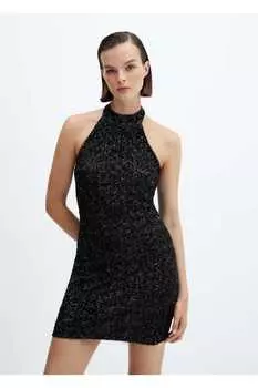 Платье с пайетками и воротником-халтер Mango, черный