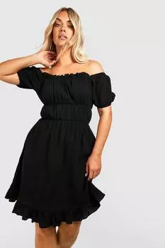 Платье с плиссированной юбкой и открытыми плечами boohoo, черный