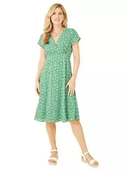 Платье с плиссированной юбкой с принтом Yumi Ditsy, зеленое