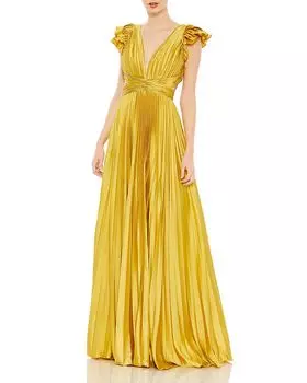 Платье с плиссированными воланами, кружевными вставками и шнуровкой на каплевидном вырезе Mac Duggal, желтый