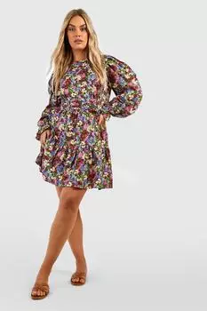 Платье с плоскими рукавами и цветочным платьем Boohoo, ягодный