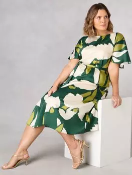 Платье с поясом и цветочным принтом Live Unlimited Curve, зеленое