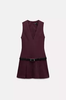 Платье с поясом и плиссировкой ZARA, бордовый