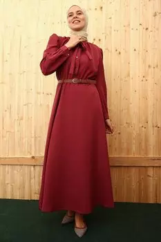 Платье с поясом и воротником вишневого цвета на шнуровке и полупланке ALL DAY