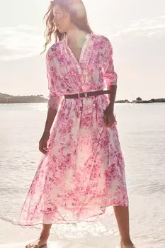 Платье с поясом, принтом и оборками ZARA, розовый/белый