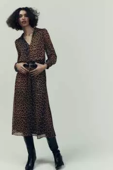 Платье с поясом с животным принтом ZARA, черно-коричневый