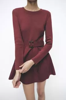 Платье с поясом в тон ZARA, бордовый