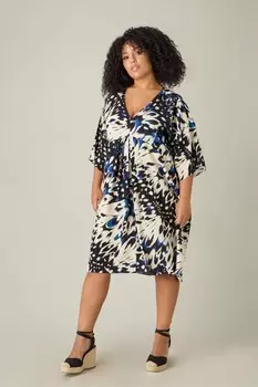 Платье с принтом бабочки Curve и V образным вырезом Live Unlimited, синий
