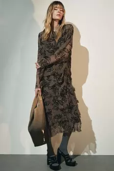Платье с принтом и воланами коллекция zw ZARA, экрю/черный