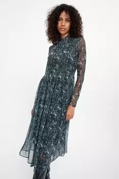 Платье с принтом и воздушными вставками GreenPoint, темно-зеленый, прозрачный