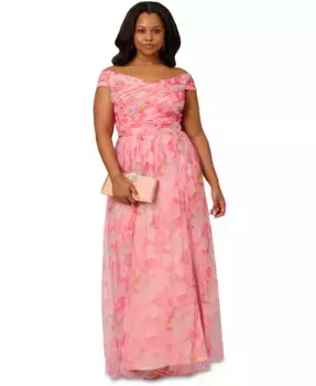 Платье с принтом из тюля с открытыми плечами Plus Size Adrianna Papell, розовый