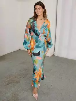 Платье с принтом на эластичной талии Never Fully Dressed, синий/разноцветный