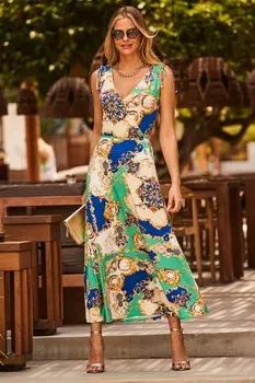 Платье с принтом рюшами и завязками на плечах Sosandar, зеленый