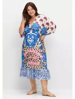 Платье с принтом Sheego "Большие размеры", со сборкой на талии, синий