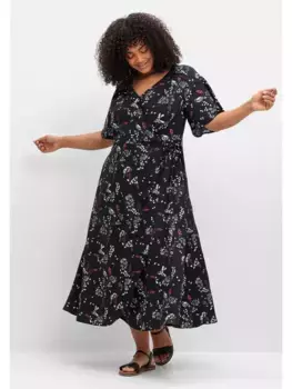 Платье с принтом Sheego "Большие размеры", с запахом, с принтом по всей поверхности, черно-белый
